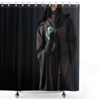 Personality  Cropped View Of Woman In Death Costume Holding Euro Banknotes Isolated On Black Shower Curtains