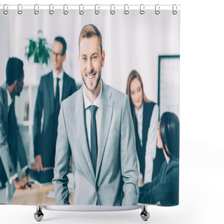 Personality  Handsome Young Manager Looking At Camera With Blurred Multicultural Businesspeople In Conference Hall Shower Curtains