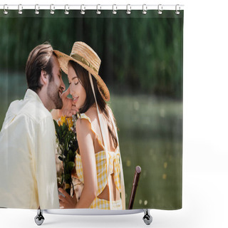 Personality  Happy Young Woman In Straw Hat Holding Bouquet Of Flowers Near Romantic Boyfriend On Lake Shower Curtains