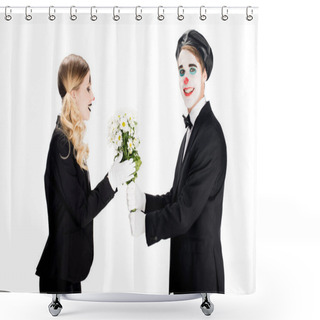 Personality  Smiling Clown Giving Bouquet To Woman Isolated On White  Shower Curtains