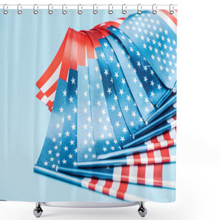 Personality  Close Up View Of Satin American Flags On Blue Background Shower Curtains