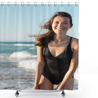 Personality  Portrait Of Happy Woman In Black Swimwear Near Sea Shower Curtains