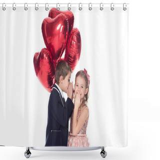 Personality  Stylish Little Boy Holding Heart Shaped Balloons And Whispering To Smiling Beautiful Little Girl Isolated On White Shower Curtains