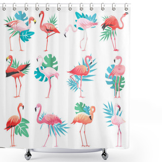 Personality  Flamingo Vector Tropical Pink Flamingos And Exotic Bird With Palm Leaves Illustration Set Of Fashion Birdie Isolated On White Background Shower Curtains