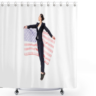 Personality  Attractive Businesswoman Dancing While Holding United States National Flag Isolated On White Shower Curtains