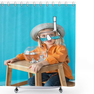 Personality  Kid In Silver Hat, Orange Shirt And Snorkel Sitting On Stairs With Fairy Fish In Aquarium On Blue Background  Shower Curtains