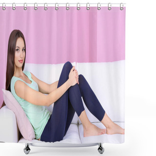 Personality  Beautiful Young Woman Relaxing On Sofa On Pink Background Shower Curtains