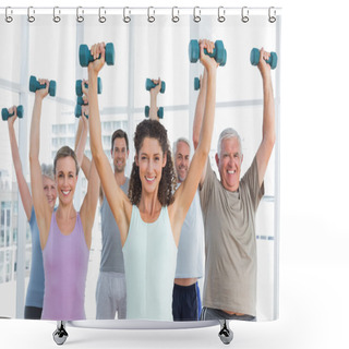 Personality  Class Exercising With Dumbbells In Gym Shower Curtains