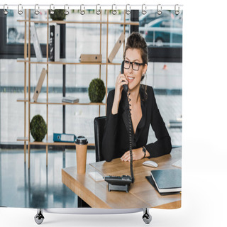 Personality  Smiling Beautiful Businesswoman Talking By Stationary Telephone In Office And Looking At Camera Shower Curtains