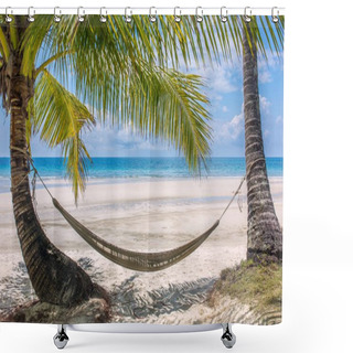 Personality  Empty Hammock Between Palm Trees On Tropical Beach In Thailand Shower Curtains