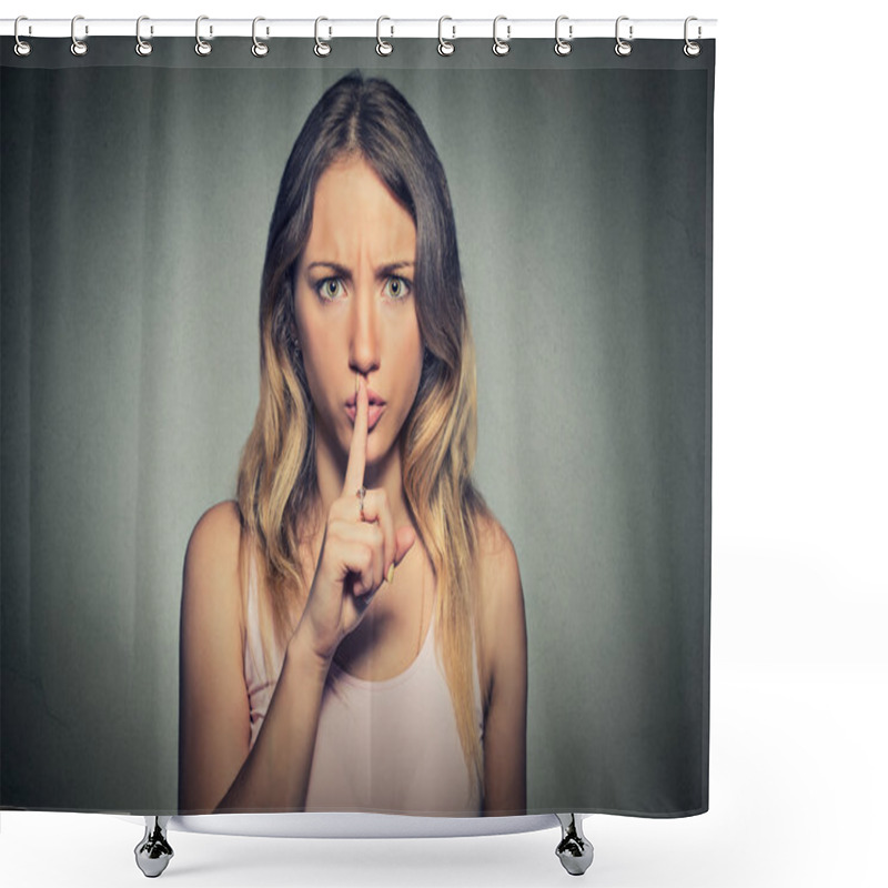 Personality  Portrait Of Beautiful Woman With Finger On Lips Gesture  Shower Curtains