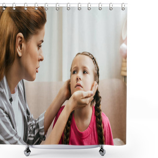 Personality  Worried Mother Looking At Sad Daughter With Nasal Bleeding Shower Curtains