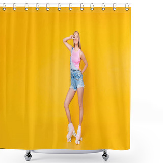 Personality  Full Size Body Portrait Of Pretty Funky Girl On Roller Skates Gesturing V-sign Near Eye Looking At Camera Isolated Standing Over Yellow Background Shower Curtains