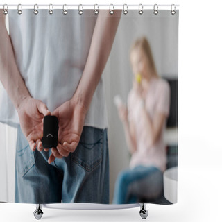 Personality  Selective Focus Of Man Holding Box With Wedding Ring Behind Back  Shower Curtains