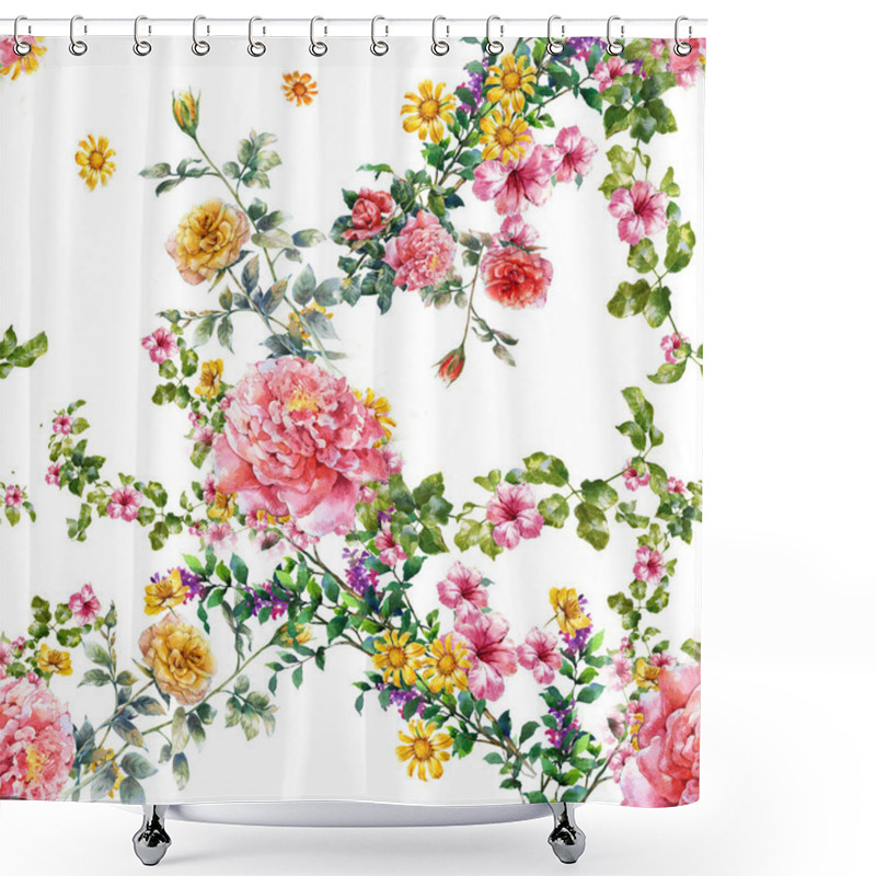 Personality  Watercolor Painting Of Leaf And Flowers, Seamless Pattern On White Background. Shower Curtains