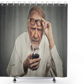 Personality  Elderly Man With Glasses Having Trouble Seeing Cell Phone Shower Curtains