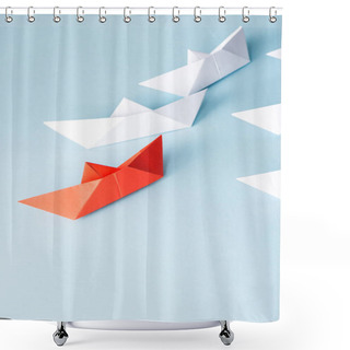Personality  High Angle View Of Unique Red Paper Boat Among White On Blue Background Shower Curtains