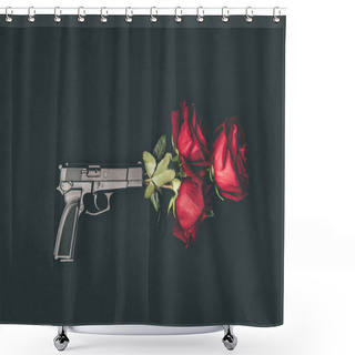Personality  Red Roses In Gun Barrel Isolated On Black Shower Curtains