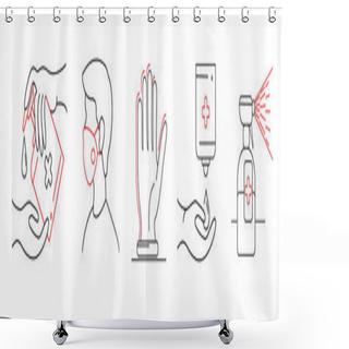 Personality  Vector Coronavirus Icons With Illustrative Person In Medical Mask And Using Sanitizer On White Shower Curtains