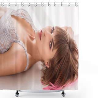 Personality  Woman In Lace Bralette Lying On Floor Shower Curtains