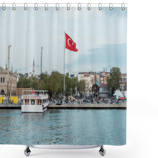 Personality  ISTANBUL, TURKEY - MAY 8, 2022: Red Turkish Flag Near Seashore And Boat On Pier Near Bosporus In Istanbul  Shower Curtains