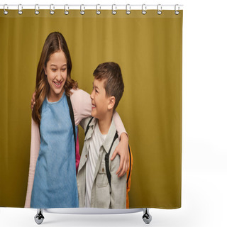 Personality  Carefree Preteen And Multiethnic Kids In Casual Clothes With Backpacks Hugging Each Other And Smiling During Global Child Protection Day On Khaki Background Shower Curtains