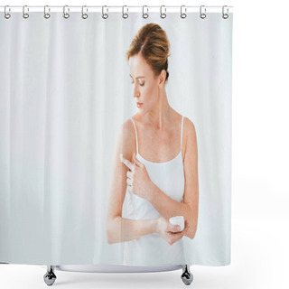 Personality  Attractive Woman With Skin Disease Holding Container And Applying Cosmetic Cream On White  Shower Curtains
