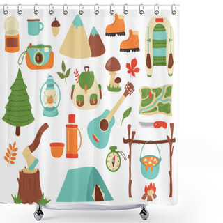 Personality  Vector Elements Of Camping. Tools For Outdoor Activities And Tourism In Flat Style.hand Drawn Objects For Forest Adventures. Isolated On White Background. Shower Curtains