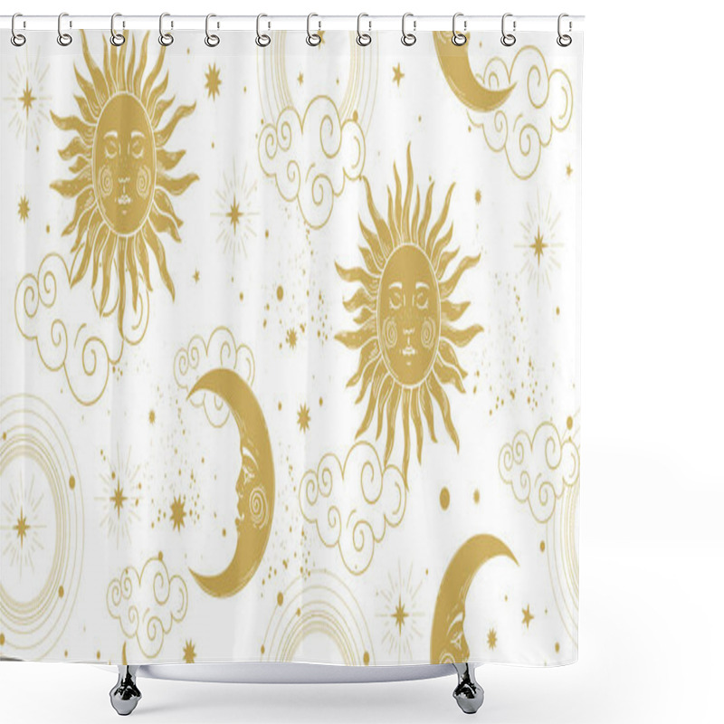 Personality  Seamless celestial pattern with golden sun and crescent moon on white background, vintage boho ornament for astrology and tarot. Modern vector hand drawing illustration shower curtains