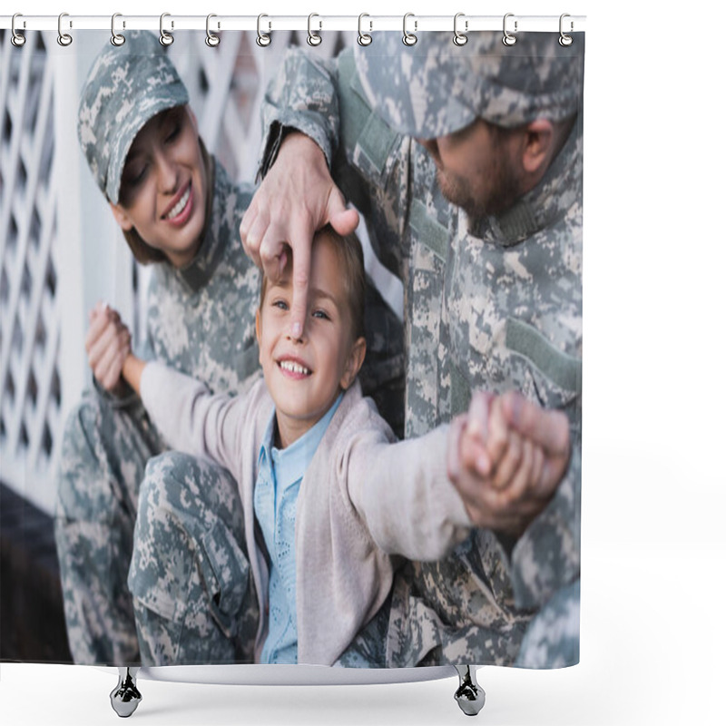 Personality  Cheerful Military Father And Mother With Daughter Having Fun While Sitting On House Threshold Shower Curtains