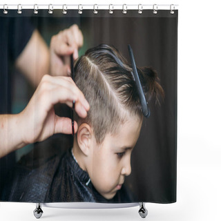 Personality  Little Boy Getting Haircut By Barber While Sitting In Chair At Barbershop. Shower Curtains