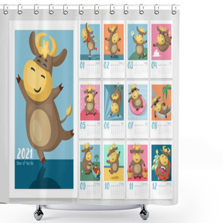 Personality  Colorful Calendar For Kids For 2021 Year Of The Ox. Cute Cartoon Cows And Bulls In Different Poses. Cover And 12 Monthly Pages. Week Starts On Sunday. Shower Curtains