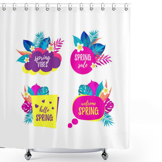 Personality  Vector Set Of Hello Spring, Spring Vibes, Sale, Welcome Spring 3D Speech Bubble. Realistic Banner With Pink Palm Leaves And Spa Flower. Speaking Bubble In Different Shapes Shower Curtains