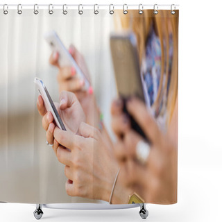 Personality  Three Girls Chatting With Their Smartphones At The Park  Shower Curtains