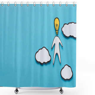 Personality  Cardboard Man With Light Bulb Head And Clouds On Blue Background, Ideas Concept Shower Curtains
