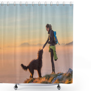 Personality  Food To The Dog Of A Girl During An Excursion In The Mountains Shower Curtains