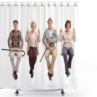 Personality  Cheerful Seniors Sitting On Wooden Swings And Looking At The Camera Isolated On White Background Shower Curtains