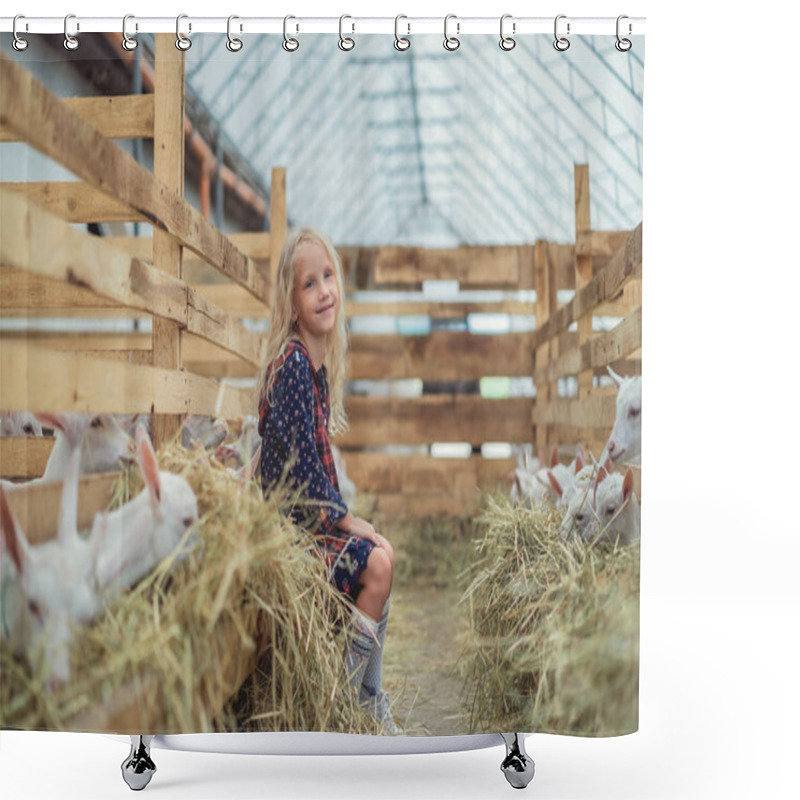 Personality  Smiling Kid Sitting In Barn With Goats Shower Curtains