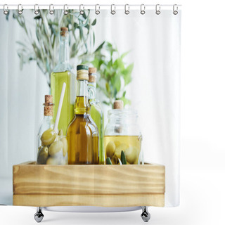 Personality  Glass With Spoon And Green Olives, Jar, Various Bottles Of Aromatic Olive Oil With And Branches On Wooden Tray Shower Curtains