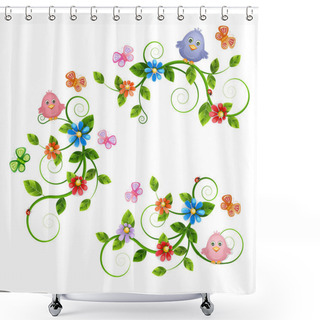 Personality  Floral Bouquets With Birds And Butterflies. Shower Curtains