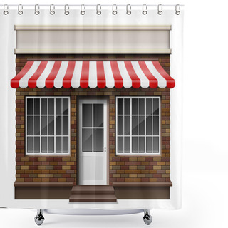 Personality  Brick Small 3d Store Or Boutique Front Facade. Exterior Boutique Shop With Window. Mockup Of Realistic Street Shop Isolated. Vector Illustration Shower Curtains
