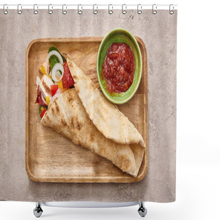 Personality  Top View Of Fresh Burrito With Chicken And Vegetables On Board Near Chili Sauce On Concrete Grey Background Shower Curtains