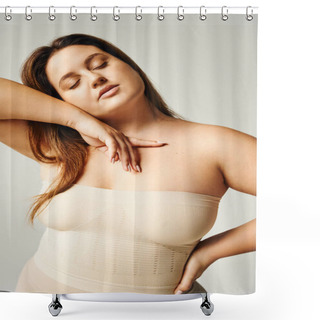 Personality  Sensual Woman With Plus Size Body Touching Her Cheek With Hand While Posing With Closed Eyes In Beige Strapless Top In Studio Isolated On Grey Background, Body Positive, Self-love  Shower Curtains