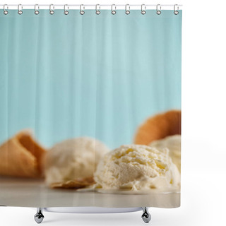 Personality  Selective Focus Of Ice Cream Scoops And Waffle Cones On Blue With Copy Space Shower Curtains