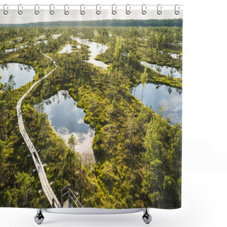 Personality  Aerial View Of Wooden Bridge And Green Plants Around In Riga, Latvia Shower Curtains