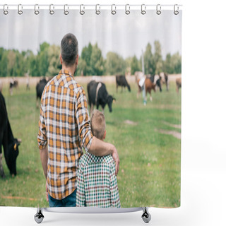 Personality  Back View Of Father And Son Standing Together And Looking At Cows Grazing On Farm Shower Curtains