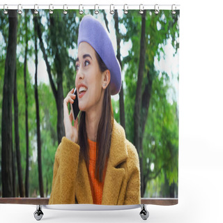 Personality  Happy Stylish Woman Looking Away While Calling On Mobile Phone In Autumn Park Shower Curtains