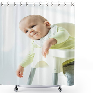 Personality  Cute Baby With Soiled Mouth In Puree Sitting On Feeding Chair On White Background Shower Curtains