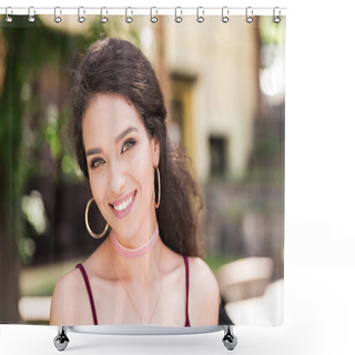 Personality  Caucasian Woman Smiling At Camera Shower Curtains