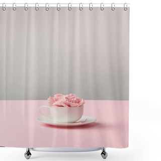 Personality  Beautiful Pink Carnation Flowers In White Cup And Saucer On Grey Shower Curtains